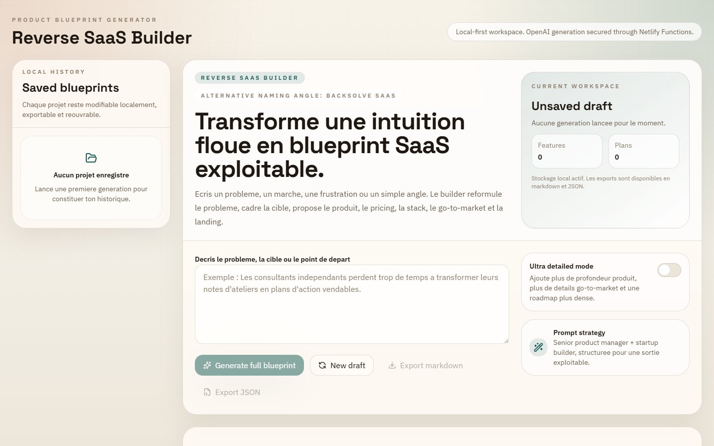 Capture de l'interface Reverse SaaS Builder